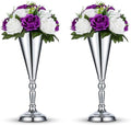 2 Pcs/ Set Tabletop Silver Metal Wedding Flower Trumpet Vase Table Decorative Centerpiece Artificial Flower Arrangements for Anniversary Ceremony Party Birthday Event Aisle Home Decoration