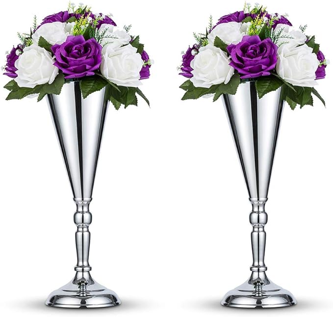 2 Pcs/ Set Tabletop Silver Metal Wedding Flower Trumpet Vase Table Decorative Centerpiece Artificial Flower Arrangements for Anniversary Ceremony Party Birthday Event Aisle Home Decoration
