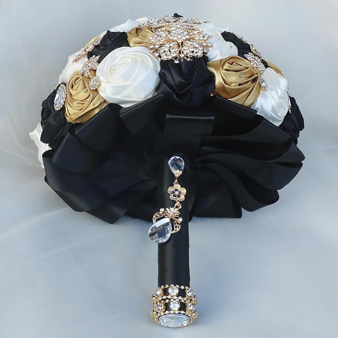 Handmade Satin Rose Floral Bling Pearl Decor Bridal Wedding Bouquet Rhinestone Pendant Artificial Brooch Flowers for Bride Bridesmaid Quinceanera