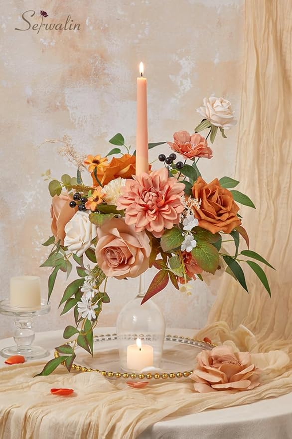 Serwalin Orange Fall Flowers for Decoration, Artificial Flower Centerpieces Decor Autumn Floral Arrangements, Fake Flower Boho Decor DIY Terracotta Flowers
