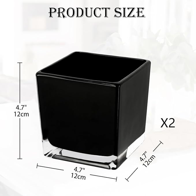 Square Glass Vase, 5" x 5" Black Cube Glass Vases Floral Planter Centerpiece for Home Party Event Wedding, Candle Holder, Set of 2