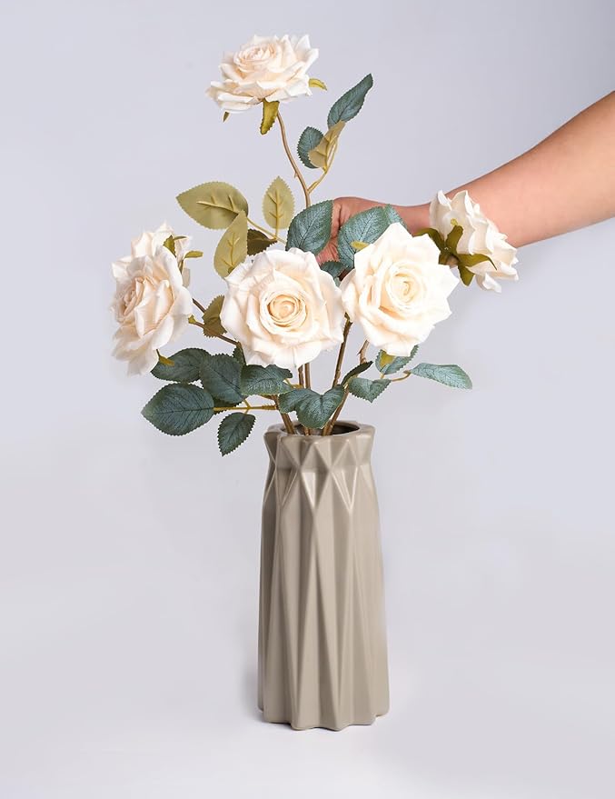3.1"(8cm) Manta Rose Artificial Flower 7pcs Realistic Faux Silk Roses Fake Flowers Bouquets Arrangements Decor for Wedding Spring Mother's Day, Home Table Decorations, Beige Flower