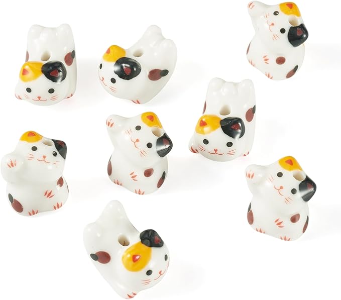 Beadthoven 8Pcs Lucky Cat Porcelain Beads 3D Yellow White Handmade Craft Beads Animal Ceramic Cat Printed Ceramic Spacers with Hole for DIY Necklace Bracelet Keychain Craft Jewelry Making