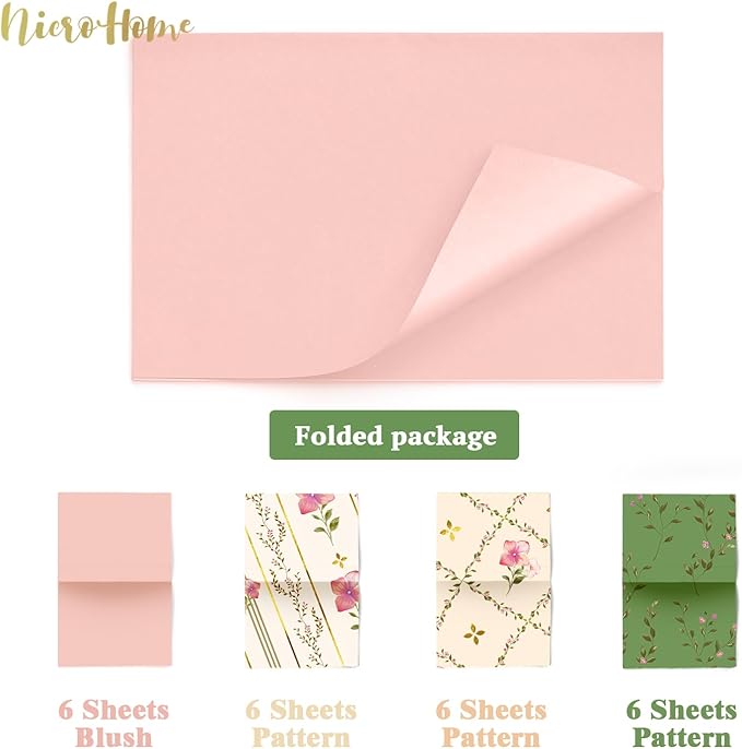 NICROHOME EUR 24 Sheets Floral Tissue Paper, Sage Green and Pink Small Tissue Wrapping Paper for Gift Bags, Birthday, Wedding, Flower Bouquet, Bridal Shower, Christmas Gift Tissue Paper 15x20Inch