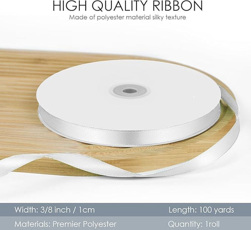 100 Yards 3/8 inch Satin Ribbon, Fabric Ribbon Solid Color Perfect for Gift Wrapping, Wedding, Handmade Bows, Floral Bouquets and Party Decoration(White)