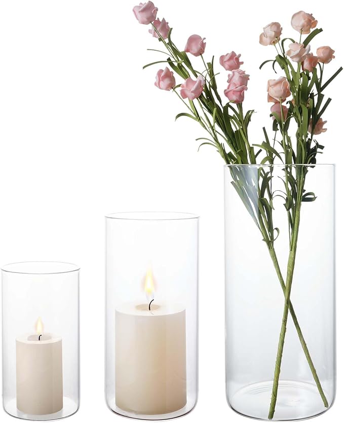 Hurricane Glass Candle Holder Clear Cylinder Vases, Pillar Candle Holders for Floating Candles Table Centerpiece Modern Vases for Weeding Centerpieces Decoration Party Home Decor (1 Set, S+M+L)