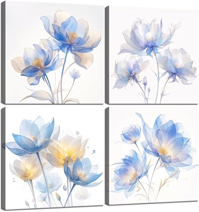 Pankila Blue Flickering Flower Abstract Canvas Wall Art Floral Poster Modern Flowers Pictures Wall Decor for Living Room Bedroom Bathroom Home Decorations Framed Artwork (24''W x 24''H x 4)