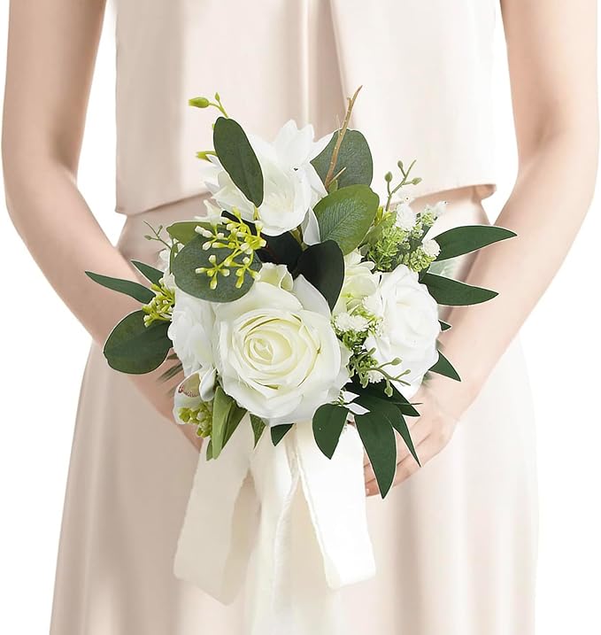 Rinlong 1Pc Wedding Bouquets for Bride Bridesmaids White Rose Green Artificial Flowers Bridesmaids Bridal Bouquet for Wedding Prom