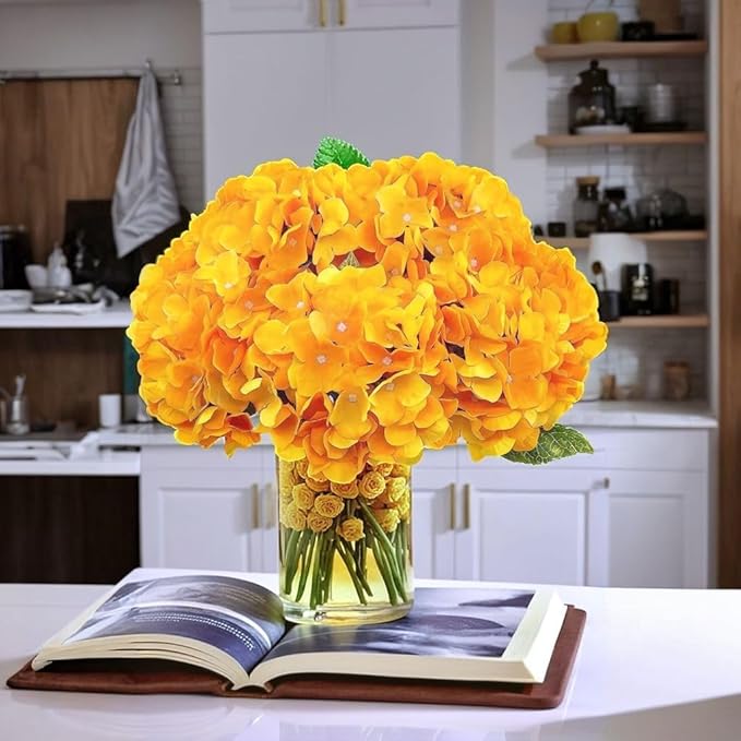 2Bouquets Artificial Fake Flowers Plants Silk Hydrangea Arrangements Wedding Bouquets Decorations Plastic Floral Home Kitchen Garden Party Festival Bar DIY(Yellow,5 Flower Heads)