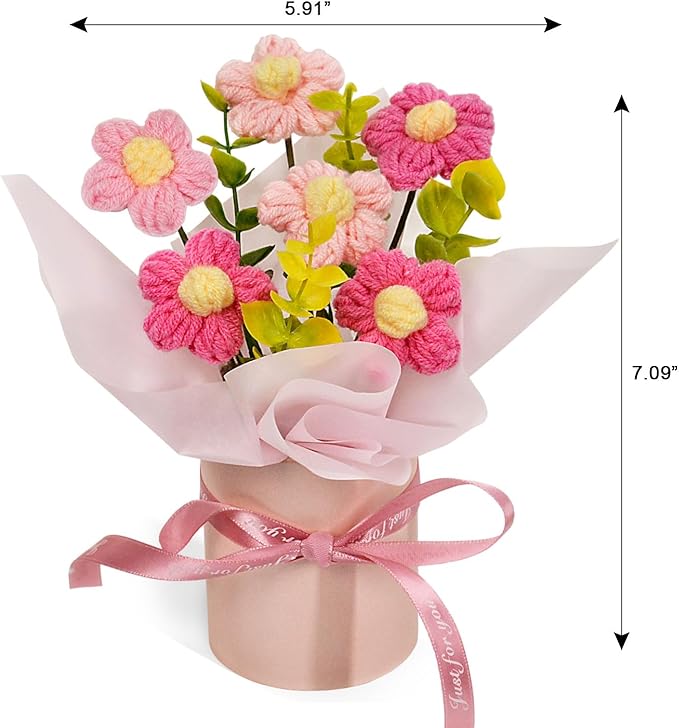 Crochet Flowers Bouquet, Handmade Knitted Pink Daisy Flowers Bouquet for Mother's Day, Christmas, Wedding, Office, Desk, Dashboard, Home Décor, Birthday Gift for Mom Women (Pink-Daisy)