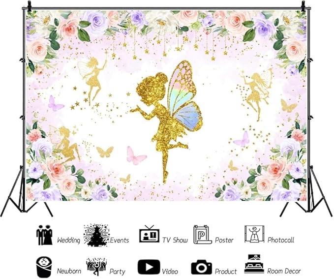 Renaiss 12x10ft Floral Fairy Backdrop Pink Gold Flower Butterflies Golden Glitter Princess Fairy Birthday Party Photography Background for Girl Baby Shower Decor Photo Studio Props