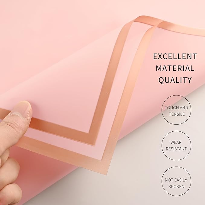 Bupduq 30 Sheets Pink Gold Edge Flower Bouquet Wrapping Paper，Florist Supplies Waterproof Floral Bouquet Wrapping Paper Bouquet Accessorie，Flower Shop Packaging Pape for DIY Gift Wedding Birthday