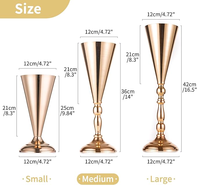 2 Pcs Set Metal Wedding Flower Trumpet Vase Stand, 14 inch Table Decorative Centerpiece Artificial Flower Arrangements for Anniversary Ceremony Party Birthday Event Aisle Home Decoration (Gold)