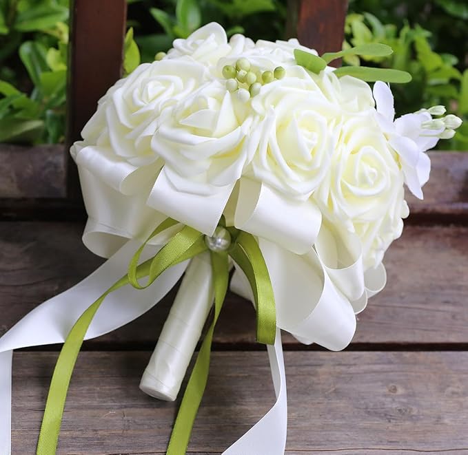 Lightweight Bridal Wedding Bouquet Round Holding Bouquet Throw Toss Artificial Rose Flower Bunch for Bride Bridesmaid Wedding Quinceanera (Cream, 7.9")