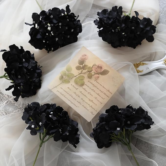 Tifuly Hydrangea Artificial Flowers -12 pcs Realistic Fake Hydrangea Silk Flowers with Stems Faux Hydrangea Flowers Heads for Office Home Party Wedding Centerpiece DIY Floral Decor（Black）