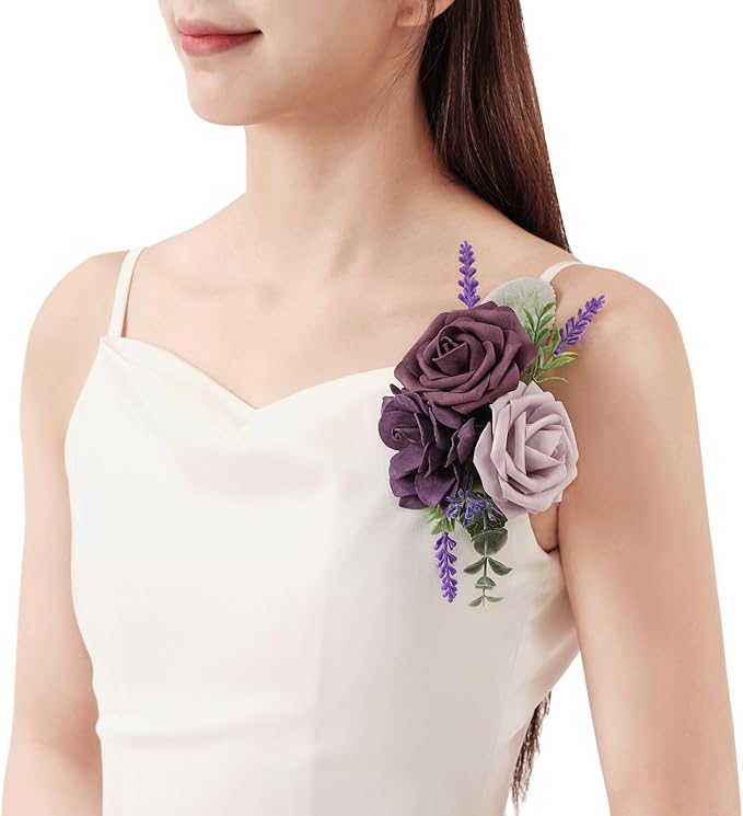 TINGE TIME Artificial Shoulder Corsages Flowers, Set of 2, Mother of The Bride Floral Corsage for Wedding Ceremony Anniversary Formal Dinner Party (Lavender & Plum)