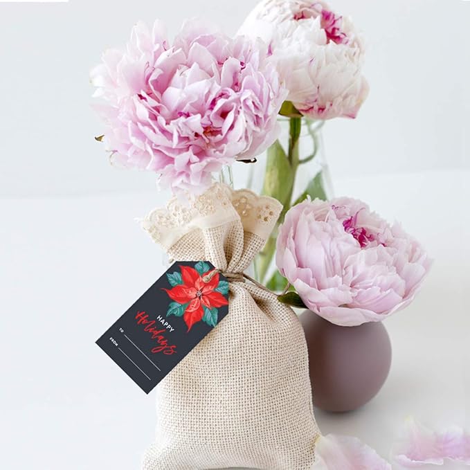 Andaz Press Christmas Holiday Season Classic Gift Tags, Happy Holidays to from and Wishing You A Happy Holiday Season, Christmas Poinsettia Design, for Holiday Events, Parties, and Favors, 60-Pack