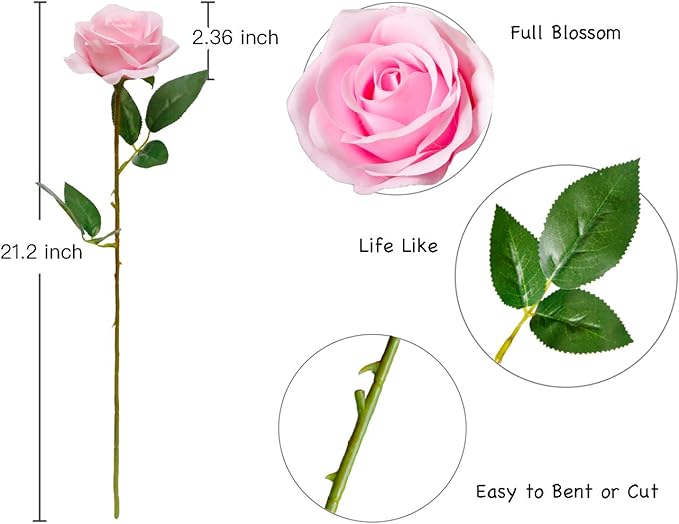 DuHouse 10pcs Fake Roses Artificial Silk Flowers Faux Rose Flower Long Stems Bouquet for Arrangement Wedding Centerpiece Party Home Kitchen Decor (Pink)