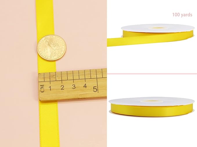 Yellow Double Faced Satin Ribbon 5/8 Inch (15mm) - 100 Yards Continuous Fabric Silk Bow for Flower Boutique, Gift Wrapping, Christmas, DIY Crafts, Hair Headband, Sewing, Wedding Decoration