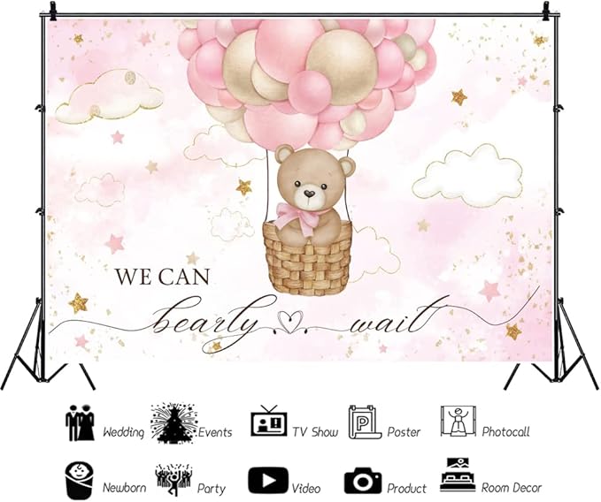ChloropLastid We Can Bearly Wait Baby Photo Backdrop 8x6ft Pink Hot Air Balloon Bear Background for Baby Balloons Clouds Stars Girl Baby Shower Newborn Party Cake Photo Decoration