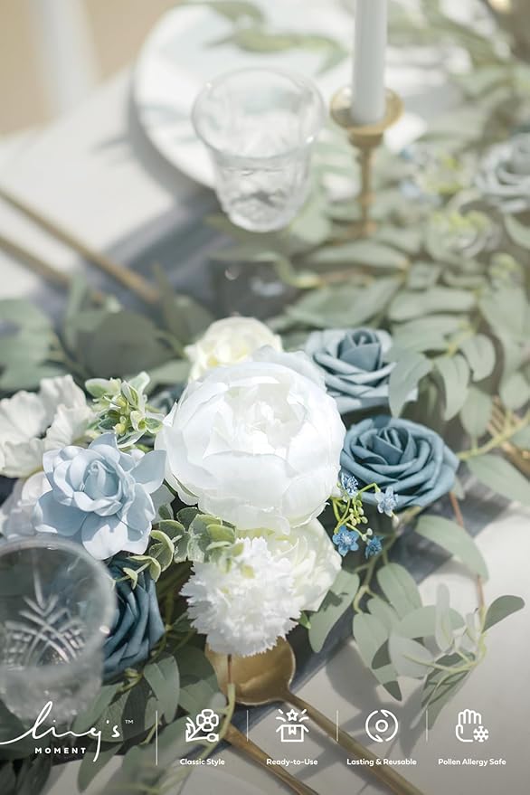 Ling's moment Flower Garland - 6FT Eucalyptus & Rose - Sweetheart Table Decor for Wedding Reception, Artificial Arch Floral Garland for Mantle, Christmas, Beach Decoration, Dusty Blue & White