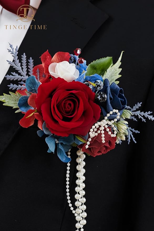 TINGE TIME Boutonniere for Men Wedding,Groom and Best Man Boutonniere for Wedding, Prom, Homecoming, Anniversary, Graduation, Christmas Dinner (1, Red & Navy Blue)