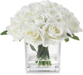 18 Heads Faux Rose Flowers in Vase, Fake Rose Flowers Arrangement in Vase with Fake Water for Dining Table, Wedding Decor (Cream)