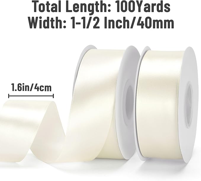 KINGLAKE Pearl Ivory Satin Ribbon – 1 1/2'' x 100 Yards Polyester Ivory Ribbon for Gift Wrapping, Wedding, Party Decoration, DIY Crafts, Floral Bouquets and Wreath Bows