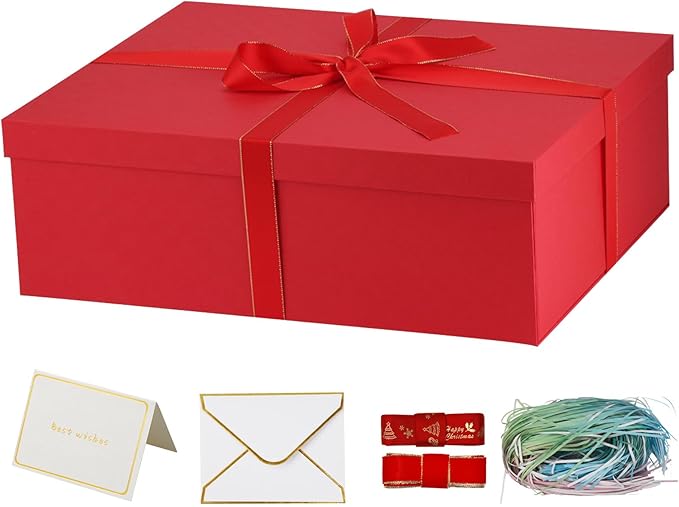 YINUOYOUJIA Large Gift Boxes with Lids 16.5x13x5.5 inches,Boxes for Christmas Presents,Contains Card,2 Roll Ribbons,Shredded Paper Filler.（Red