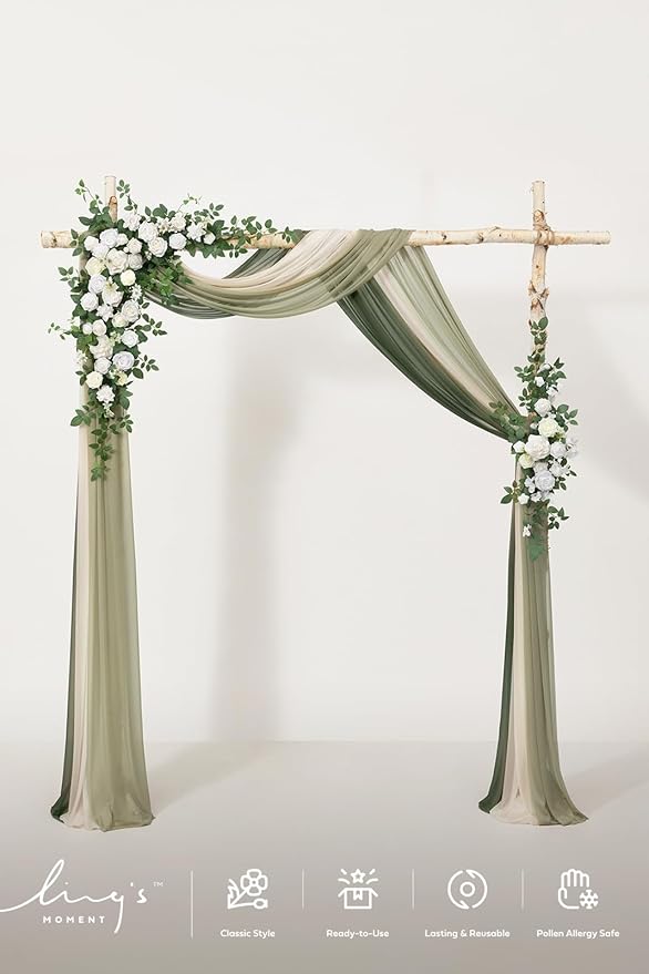 Ling's moment Wedding Arch Flowers with Drapes Kit-Pack of 5, 2pcs Flower Arrangements 3pcs Sheer Hanging Drapes Ceremony Arbor Backdrop Artificial Rose Floral Decor, White & Sage