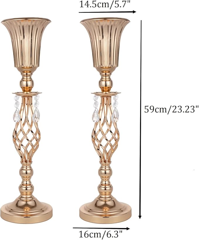 2 Pcs Elegant Metal Gold Floral Vase, Beaded Crystal Gold Trumpet Crown Vase, Perfect for Wedding Banquets, Birthdays, Anniversaries, Holiday Parties and Other Important Event Centerpieces(23.2")