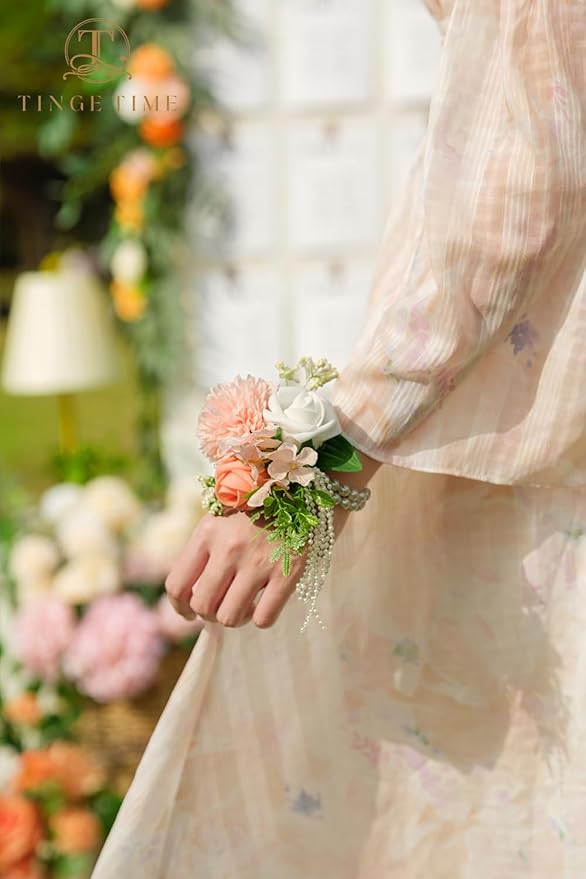 TINGE TIME Set of 2 Wrist Corsage Bracelets Pearl Wristlet Band Bridesmaid Bracelet for Wedding Ceremony Bridal Shower Wedding Artificial Flower Prom (CoralPink&Champagne)