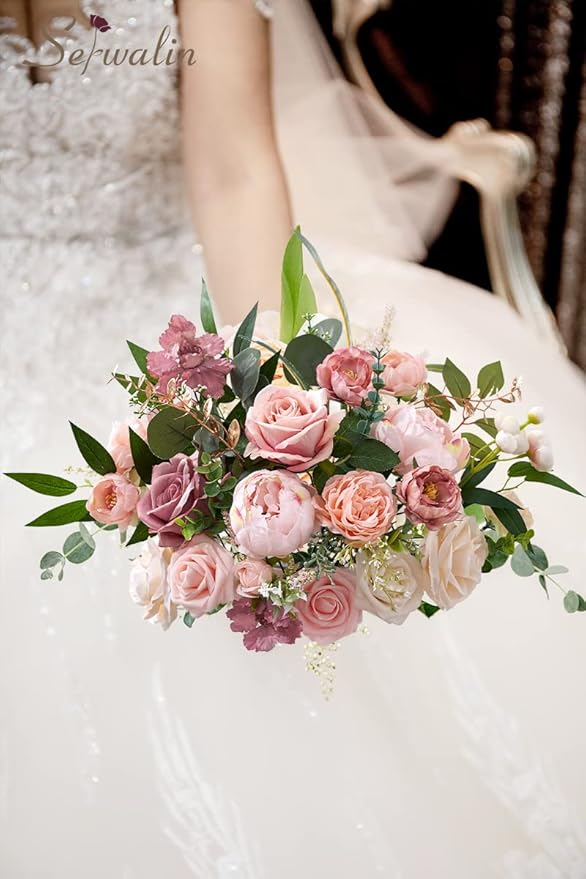 Serwalin Artificial Flowers Pink Wedding Cake Flowers, Fake Dusty Roses Peonies for Bouquets Table Centerpieces Wedding Home Decor, Baby Shower Party Flowers with Stems DIY Combo