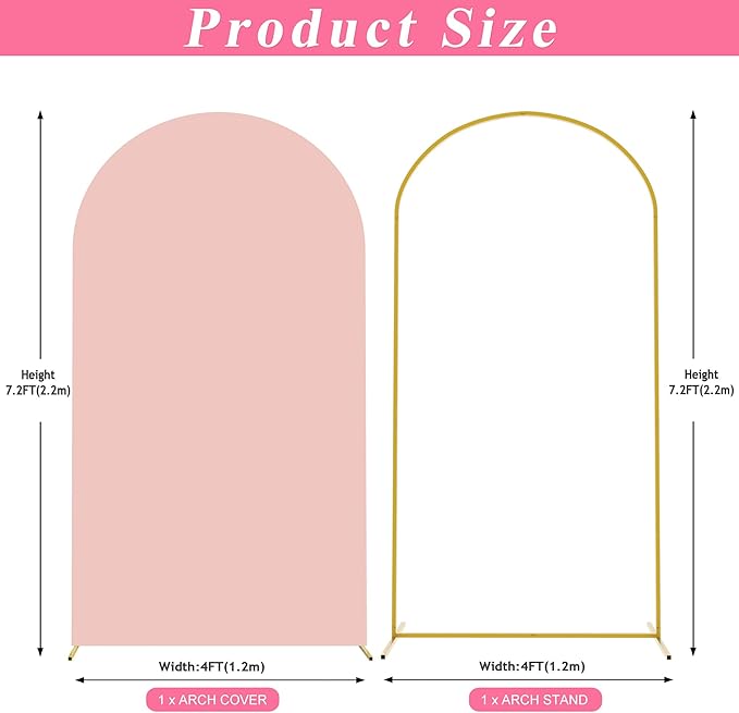 Putros 7.2ft Metal Arch Stand with Cover Pale Pink Spandex Fitted Wedding Arch Cover and Round Top Chiara Backdrop Stand Set for Birthday Party Baby Shower Decoration