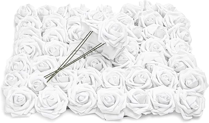 Bright Creations Bright White Roses Artificial Rose Flowers for Wedding Bouquet & Bridal Shower DIY Party Decor - 3 Inch Head, 9 Inch Stem, 60 Pack