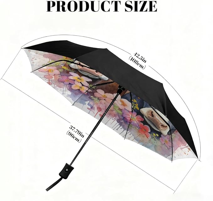Watercolor Cows Flower Print Folding Umbrella Windproof Compact Lightweight Travel Umbrella with 8 Reinforced Ribs, Portable UV Sun & Rain Protection for Men & Women