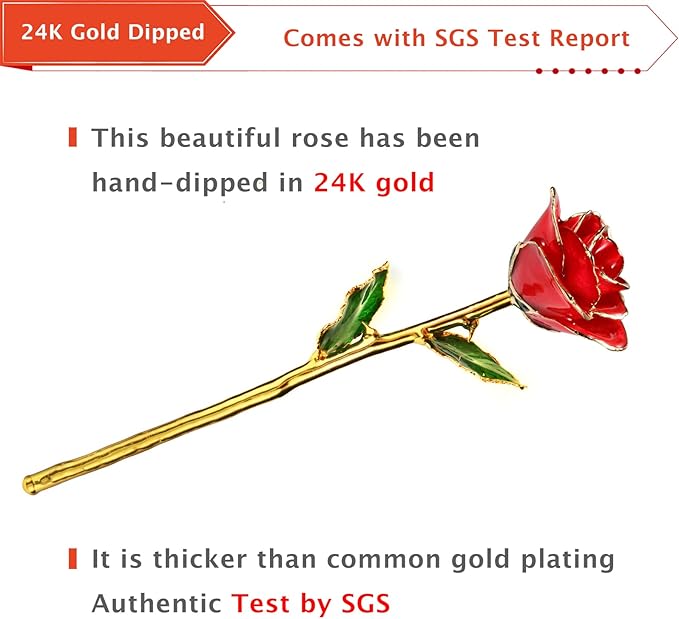 AliveRose Valentines Day Gift Rose, Long Stem Rose Made from 24K Gold Dipped Real Rose Gift for her Rose(Red with Crystal Vase)