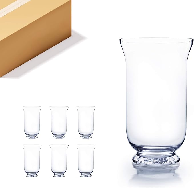 WGV Unique Bouquet Vase Bulk, 7" W, 12" H, Clear Short Hurricane Glass Candle Holder, Floral Planter Terrarium, Home Wedding Event Decor, 6 Pieces (VHV0812)