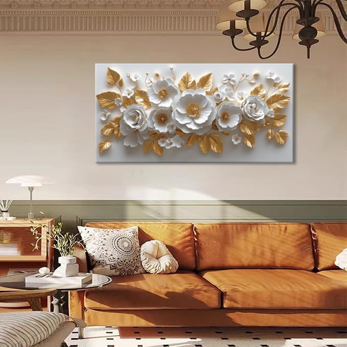IDAFU Flower Wall Art White Foral and Golden Leaves Wall-décor White Wall Art Floral Painting Pictures for Living Room Bathroom Bedroom Kitchen Office Cuadros Decorativos Para Sala Decor 40L x 20W