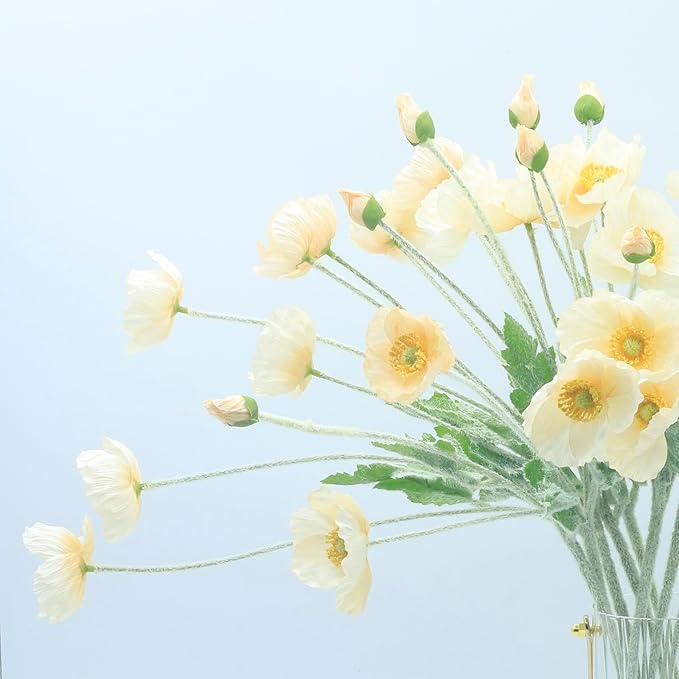 2 Pcs Artificial Fake Flowers Poppies Silk Flower Arrangements Wedding Bouquets Decorations Plastic Floral Table Centerpieces for Home Kitchen Garden Party Decor Approx 23.6" High - Light Champagne