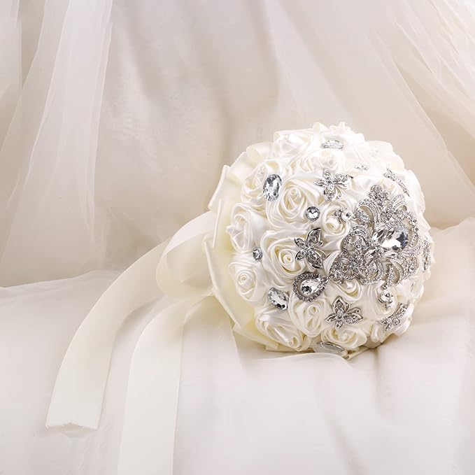 Handmade Brooch Wedding Flowers Bridal Bouquets Crystal Bride Holding Bouquet White Ivory Satin Roses with Diamond Pearl Ribbon (Luxury-White)
