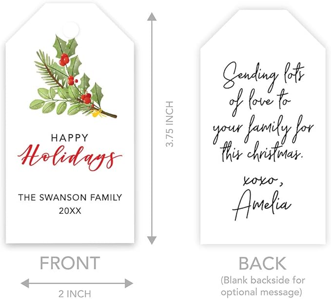 Andaz Press Personalized Tags, Custom Family Name and Year, Winter Holiday Branch Design, 60-Pack for Events and Parties