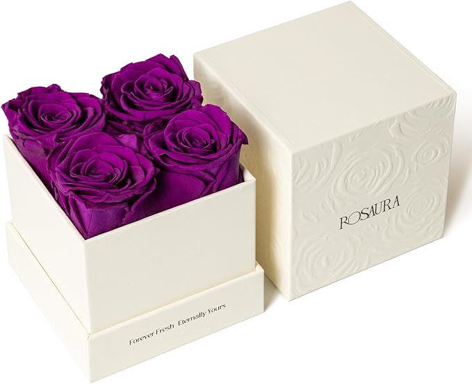 Rosaura 4-Piece Eternal Preserved Roses & Flowers Gift Box - Forever Lasting Real Roses, Preserved Flowers for Valentine's Day Purple