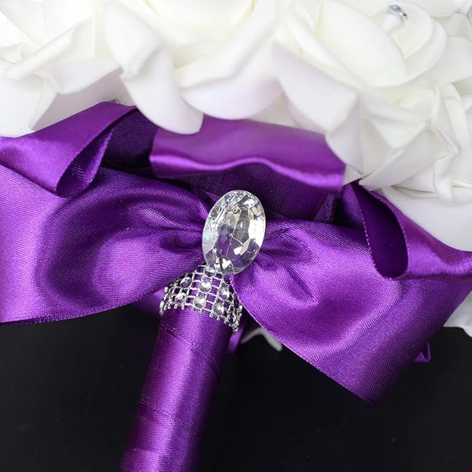Wedding Bouquet, Purple Bouquet for Bride Bridesmaid with Diamond Soft Ribbons, Artificial Rose Bridal Holding Flowers for Party Church