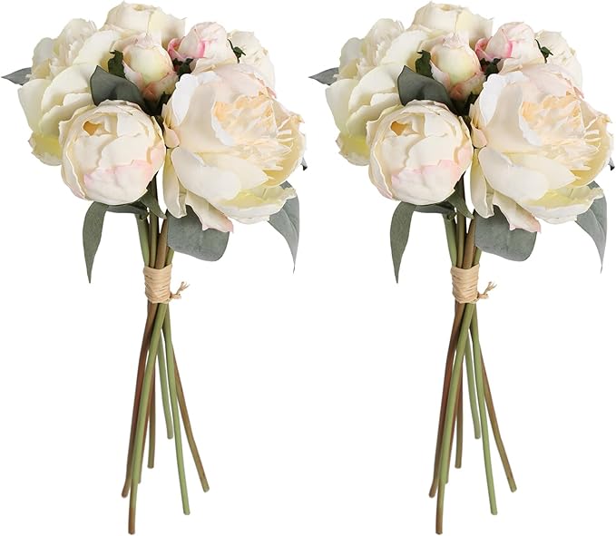 White Artificial Peonies 2 Bouquets Silk Flowers 14Heads Vintage White Fake Flowers Faux Peony Flowers for Flower Arrangements Artificial Centerpiece Home Table Dining Room Decor (Ivory White)