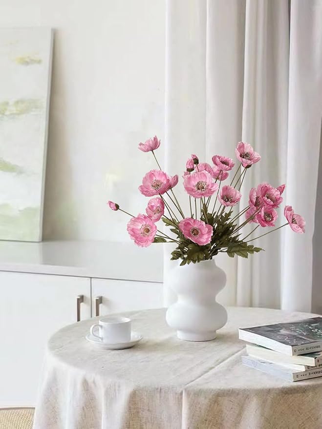 IPOPU Pink Artificial Poppy Silk Flowers 6pcs for Decoration - Faux Flowers With Stems for Wedding Centerpieces, Tables, Bridal Shower Party Decorations