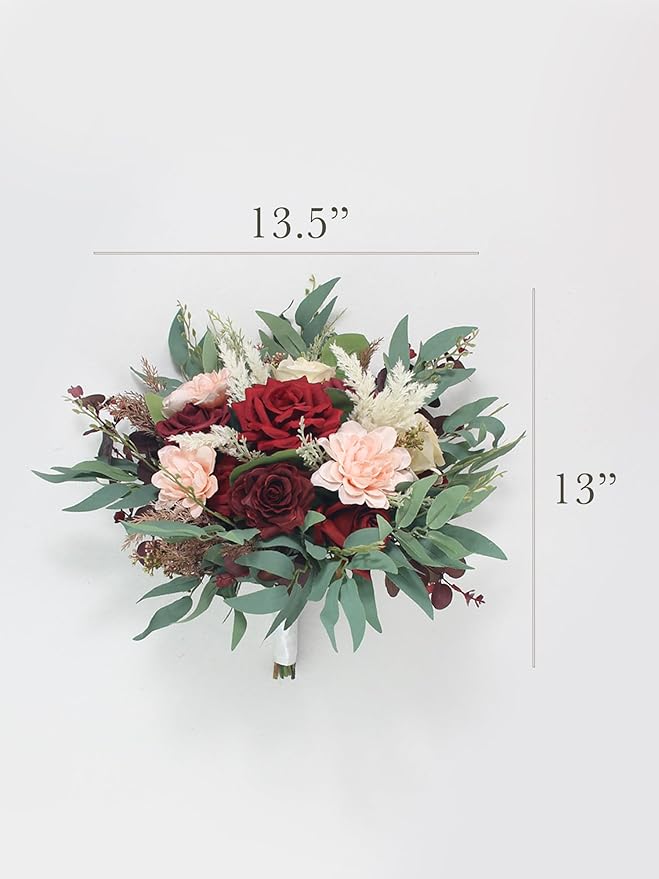 Rinlong 13.5" Wide Fall Wedding Bouquets for Bride Burgundy Bridal Bouquet for Wedding Wine Boho Dried Pampas Artificial Flowers Bouquets