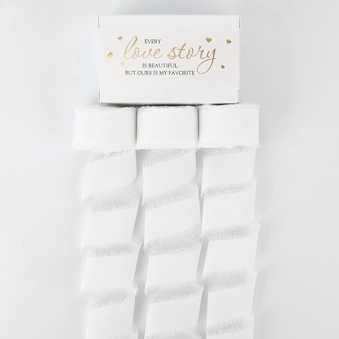 MEEDEE White Chiffon Ribbon 1 Inch White Fringe Ribbons Chiffon Silk Frayed Edge Ribbon Thin Chiffon Ribbons for Crafts, Gift Wrapping, Wedding Invitation (3 Rolls 21 Yards)