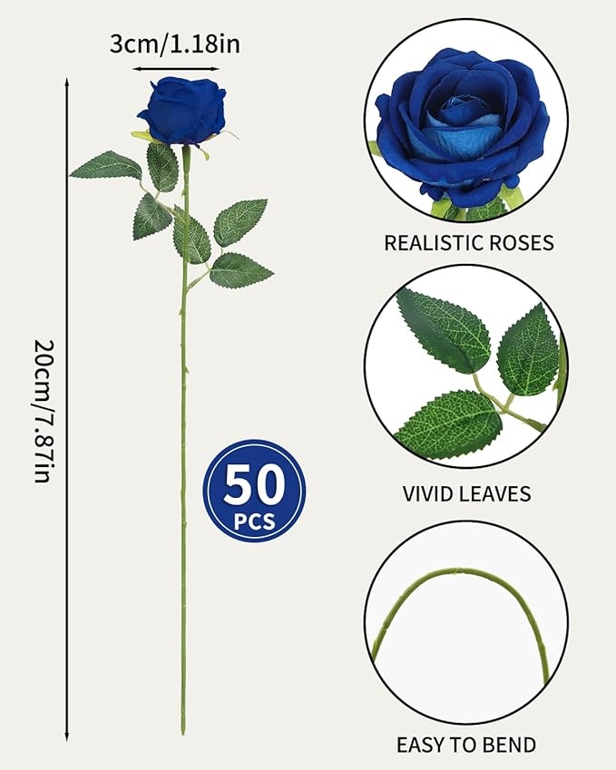 LFF Premium Artificial Royal Blue Roses - 50Pcs Realistic Velvet Faux Roses with Long Stems for Wedding Bouquets, Centerpieces, Proposals & Home Decor (Blue)