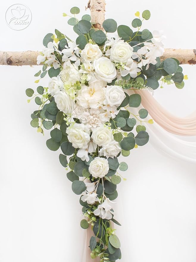 Wedding Arch, Artificial Flowers, Wedding Decor with Drapes (Set of 4)，Be Suited to Banquet, Party, Wedding Decor Ceremony and Background Decoration (White Champagne)